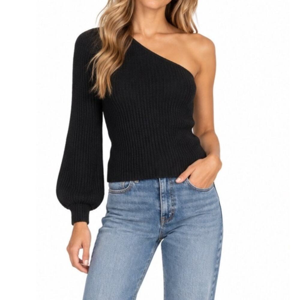 Aqua Asymmetrical One-Shoulder Rib-Knit Balloon Sleeve Black Sweater Size XS